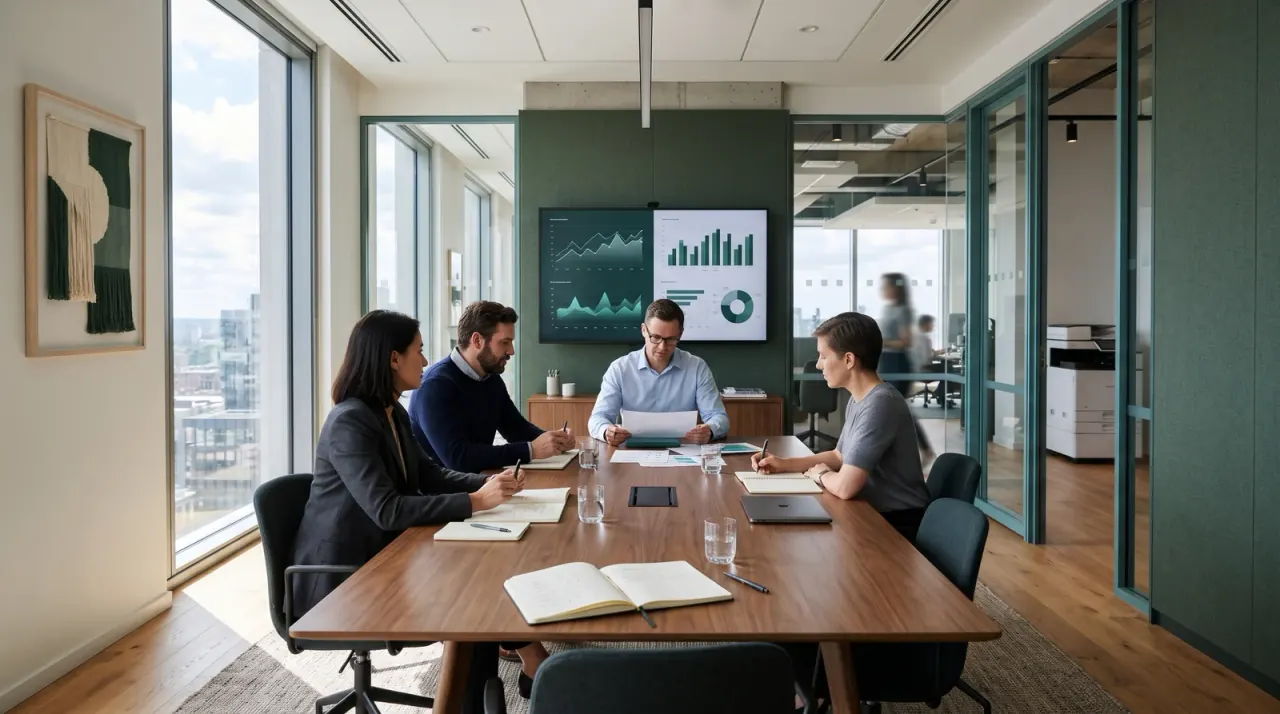 Quatre personnes réunies autour d'une table avec des carnets, face à un écran de graphiques
