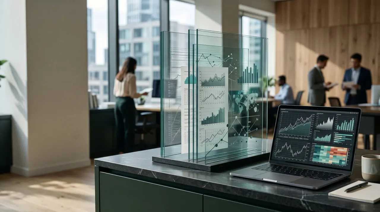 Panneaux de verre à graphiques et ordinateur portable sur un bureau, avec des personnes au fond